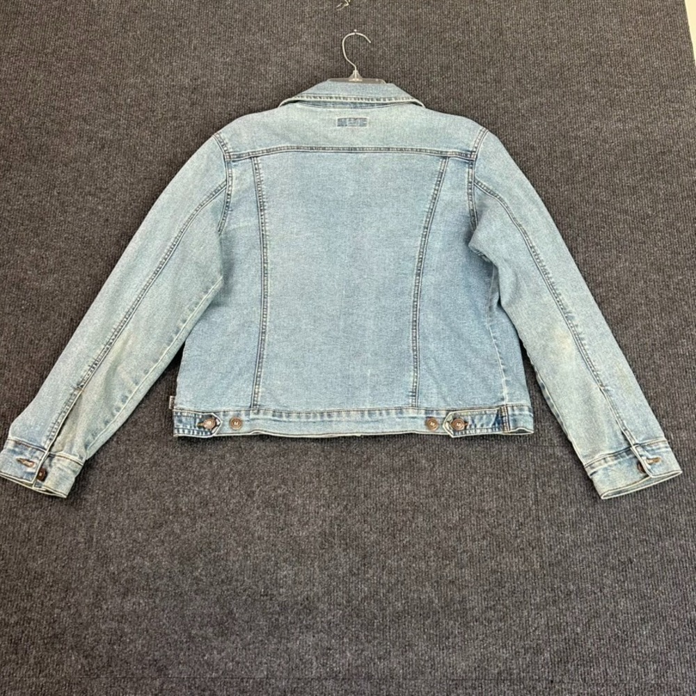 Max Studio Women's Jean Jacket Blue Distressed Stretch Y2K Grunge Streetwear - L - Picture 10 of 16